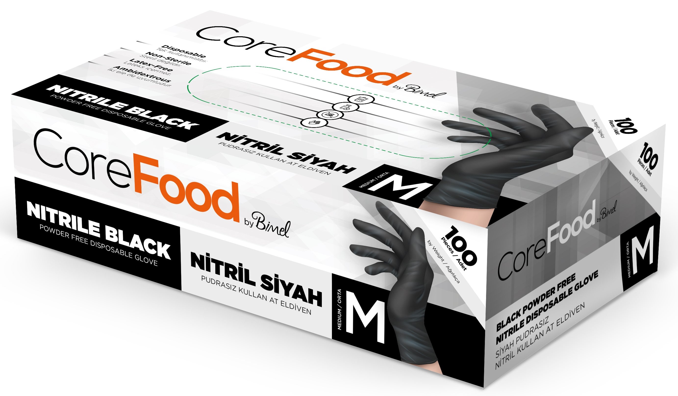 Corefood Siyah Nitril Pudrasız Muayene Eldiveni 100lü Paket