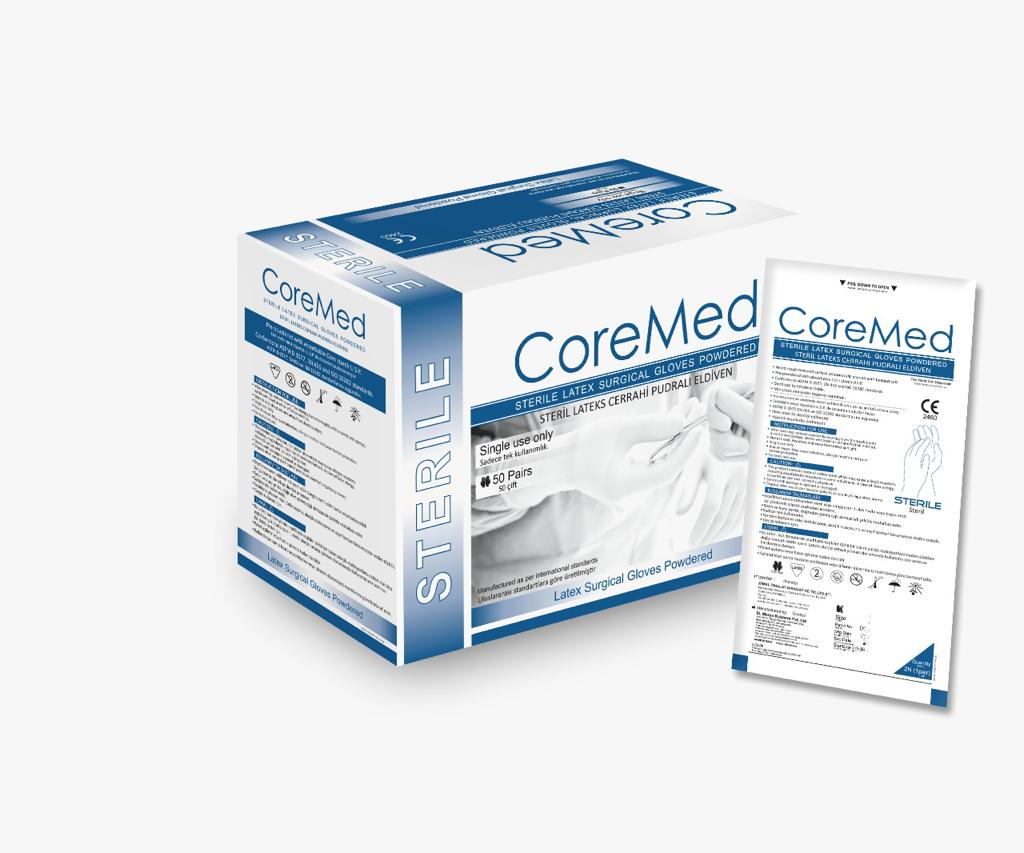 CoreMed Steril Lateks Cerrahi Eldiven Pudralı | 50 Çift Tek Kullanımlık