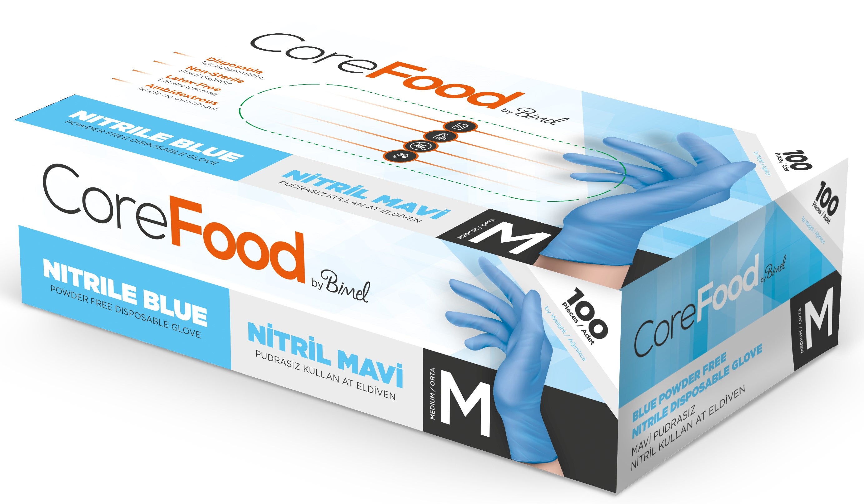 Corefood Mavi Nitril Pudrasız Muayene Eldiveni 100lü Paket Ürün ana görseli
