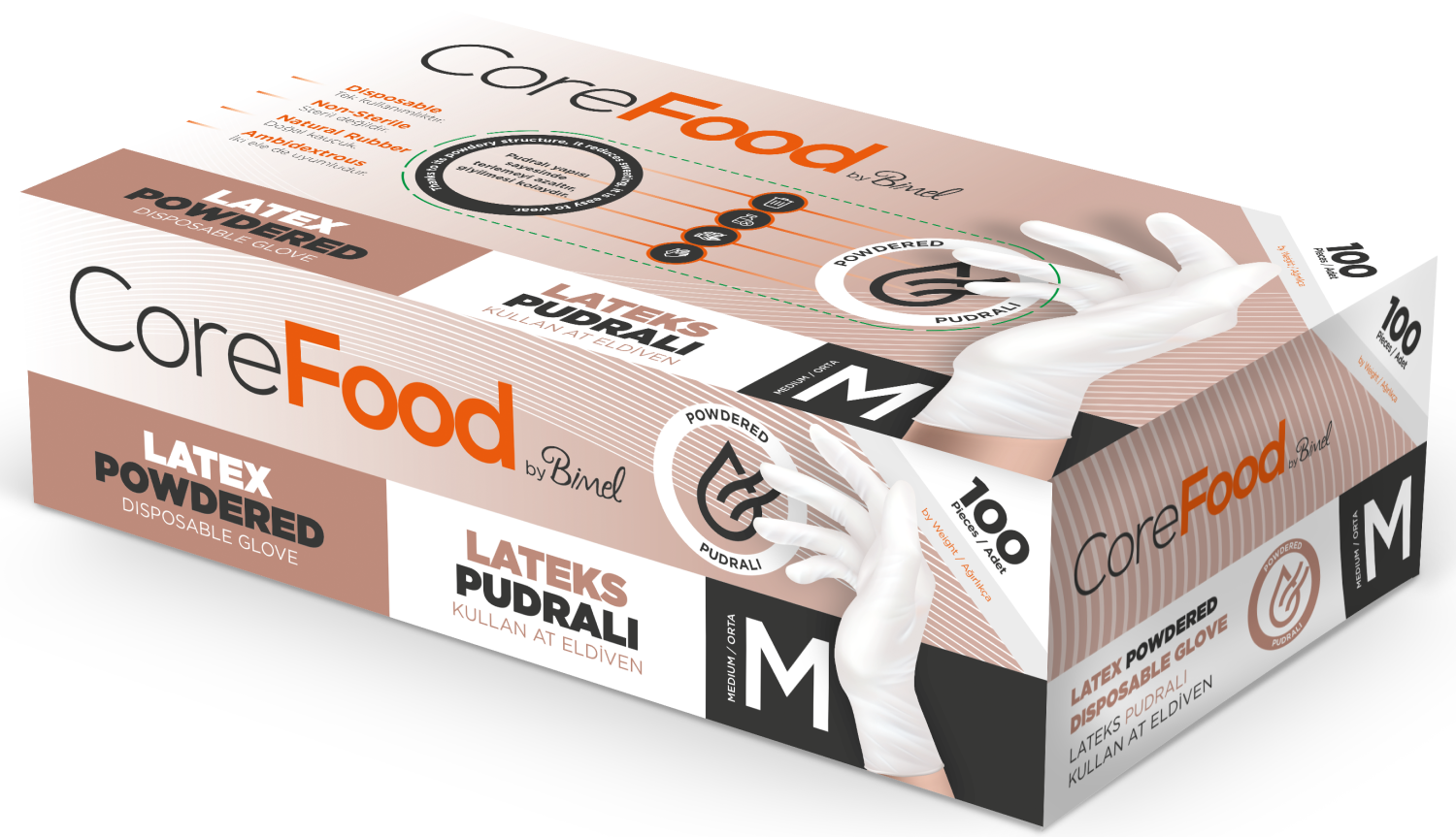 Corefood Profesyonel Lateks Muayene Eldiveni 100'lü Paket | Pudralı, Non Steril Ürün ana görseli