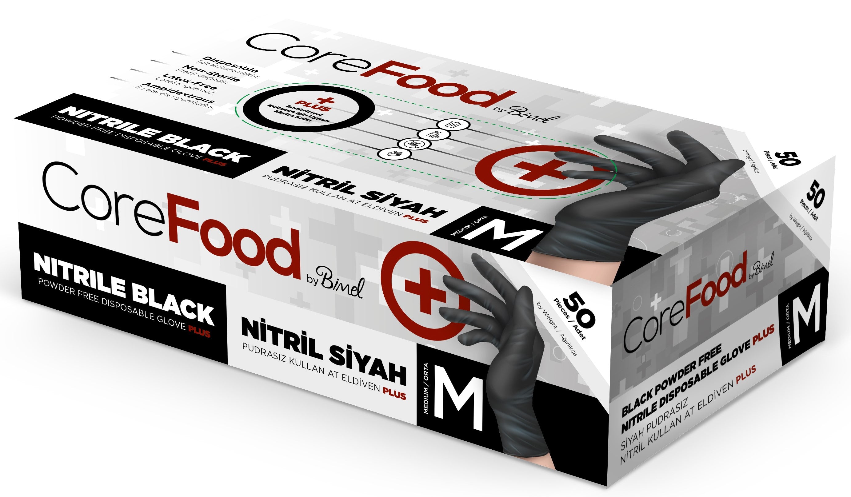 Corefood Nitril Pudrasız Siyah Plus Eldiven 50 Adet | Ekstra Kalın