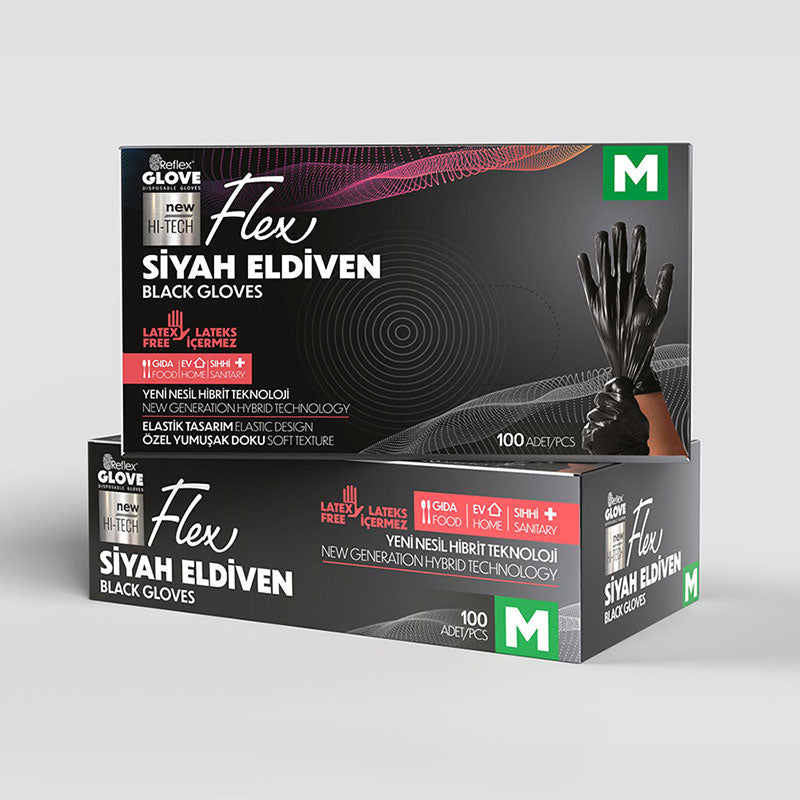 Reflex Flex Hibrit TPE Pudrasız Siyah Eldiven 100 Adet  Lateks İçermez