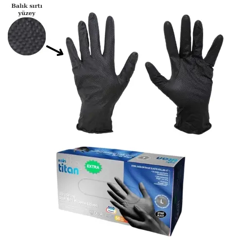Koin Titan Ultra Kalın Siyah Nitril Eldiven Pudrasız 50’li Paket