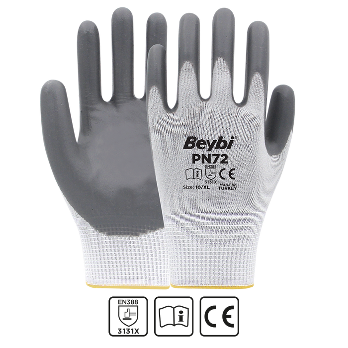 Beybi PN72 Gri Polyester Örme Nitril Kaplı İş Eldiveni
