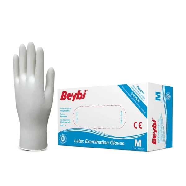Beybi Beyaz Pudralı Lateks Muayene Eldiveni 100'lü Paket