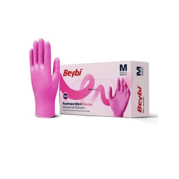 Beybi Pudrasız Pembe Nitril Muayene Eldiveni 100 Adet