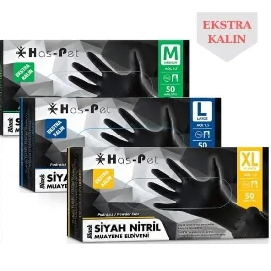 Has-Pet Siyah Nitril Muayene Eldiveni Pudrasız 100'lü Paket Ekstra Kalın