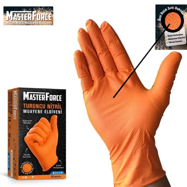 Master Force Dolphin Power Grip Turuncu Pudrasız Nitril Muayene Eldiveni 50 Adet