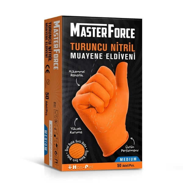 Master Force Dolphin Power Grip Turuncu Pudrasız Nitril Muayene Eldiveni 50 Adet