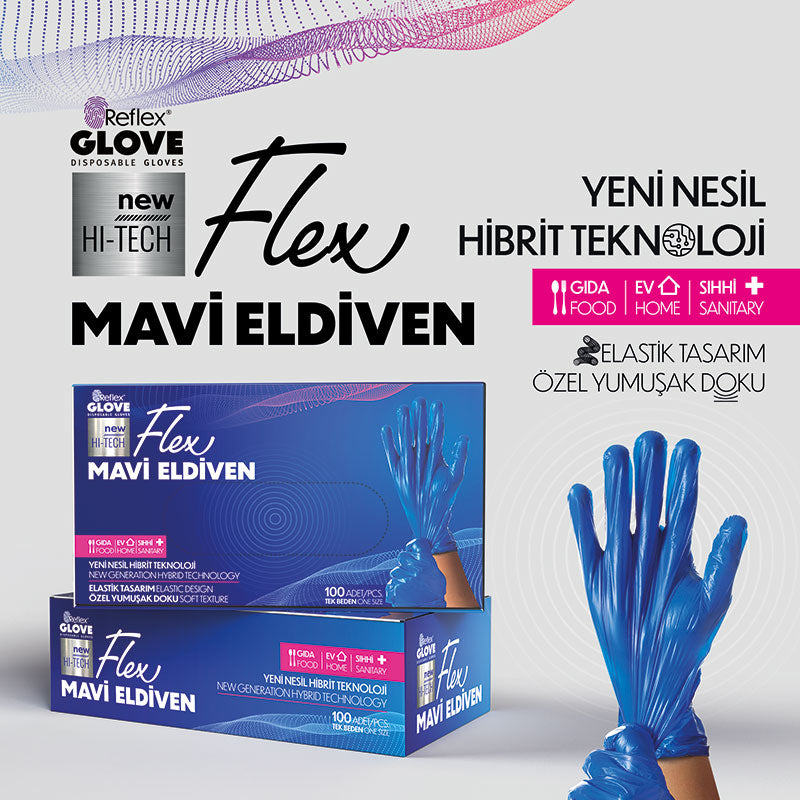 Reflex Flex Hibrit TPE Pudrasız Mavi  Eldiven 100 Adet  Lateks İçermez