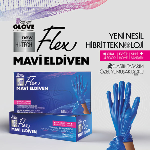 Reflex Flex Hi-Tech Pudrasız Mavi TPE Eldiven 100’lü Paket