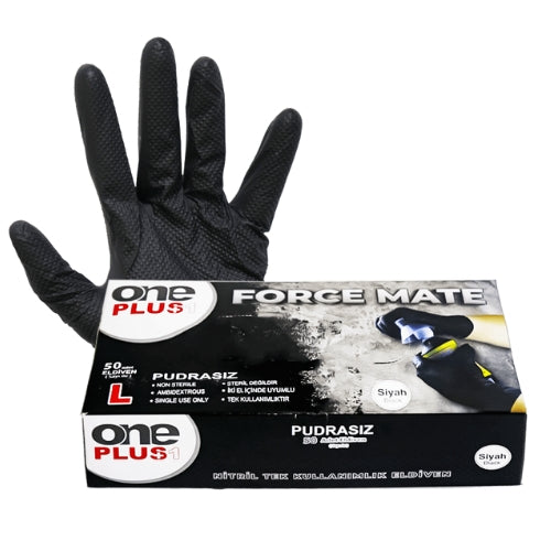 One Plus Force Mate Siyah Pudrasız Nitril Eldiven 50'li Paket