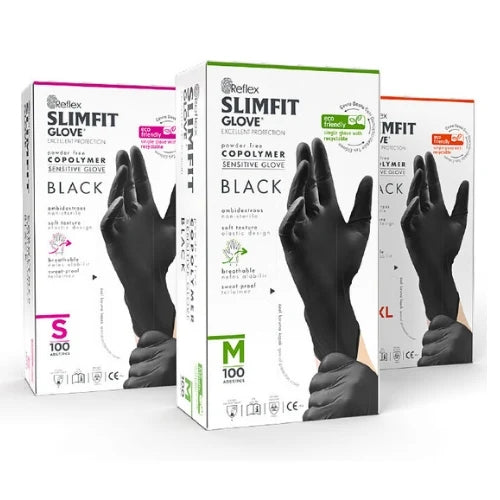 Reflex Slimfit Copolymer Siyah Eldiven 100 Adet Pudrasız Lateks İçermez