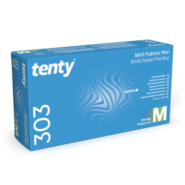 Tenty 303 Pudrasız Mavi Nitril Muayene Eldiveni Tek Kullanımlık
